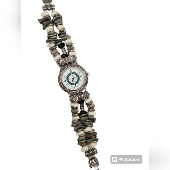 NATIVE AMERICAN STYLE SILVERTONED, GEMSTONE & ABALONE SHELL BAND LADIES WATCH - Picture 4 of 8